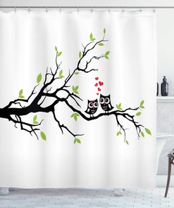 Owls In Love Shower Curtain, Branch Leaf Hearts Romance Themed Artwork Print, Cloth Bathroom Decor