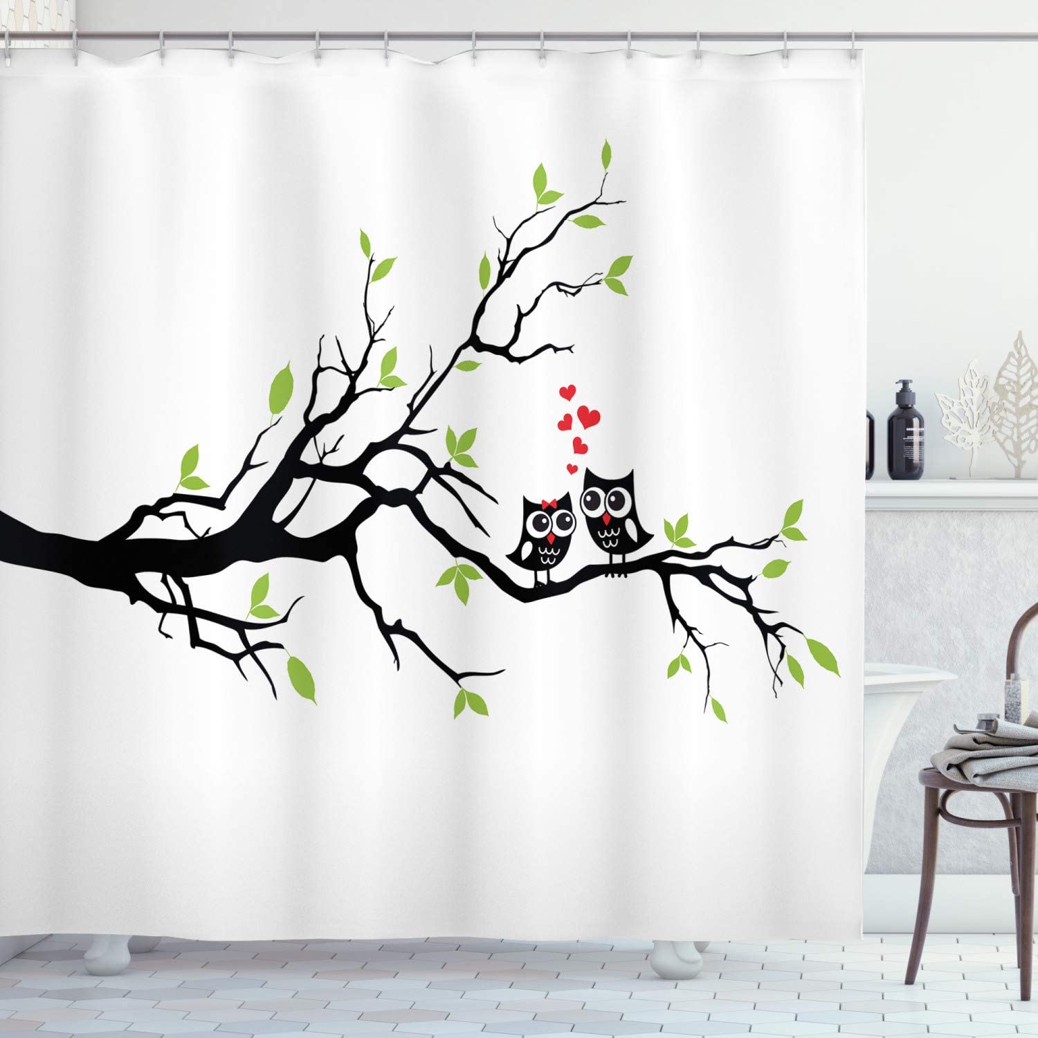 Owls In Love Shower Curtain, Branch Leaf Hearts Romance Themed Artwork Print, Cloth Bathroom Decor