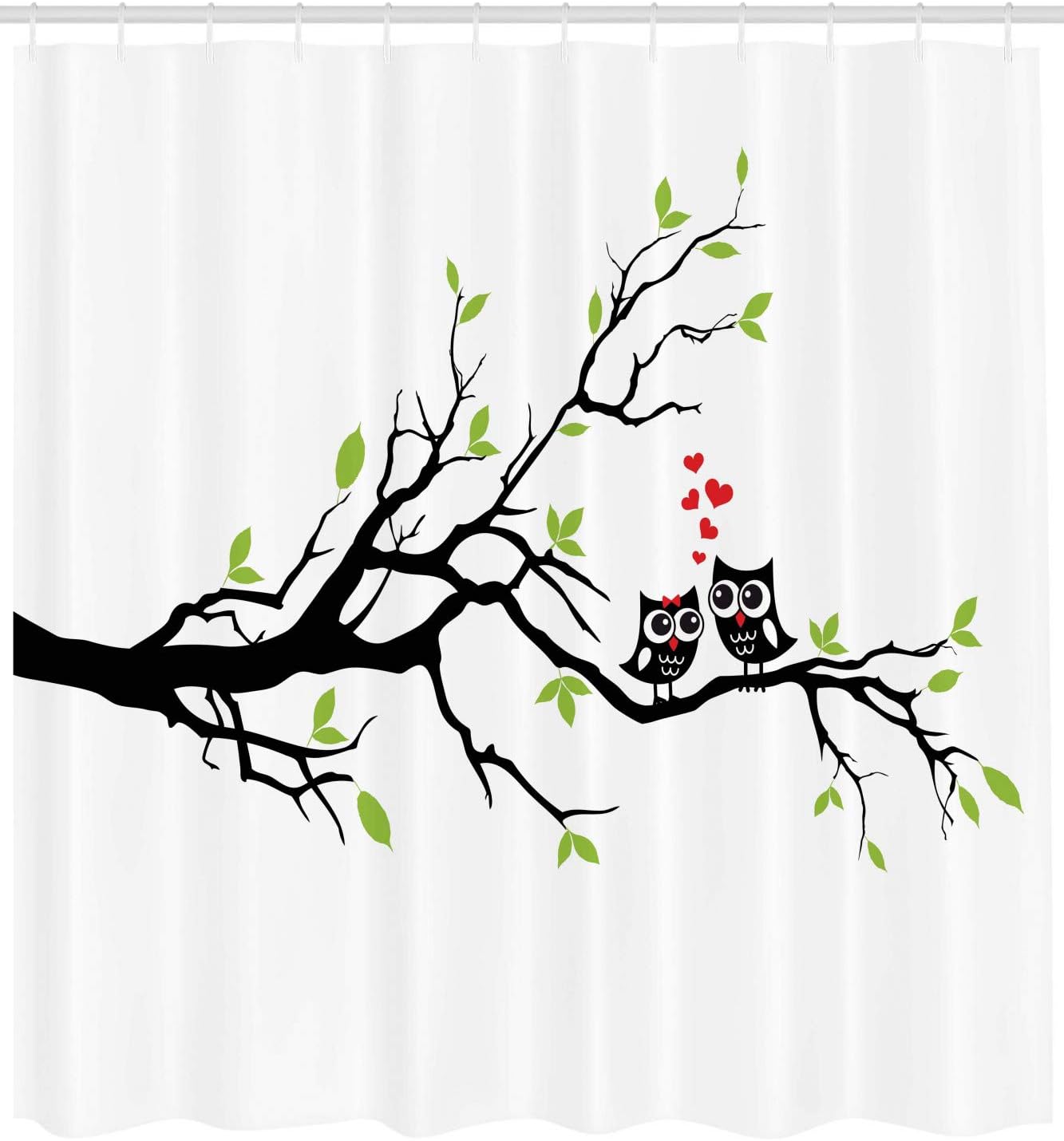 Owls In Love Shower Curtain, Branch Leaf Hearts Romance Themed Artwork Print, Cloth Bathroom Decor - Image 2