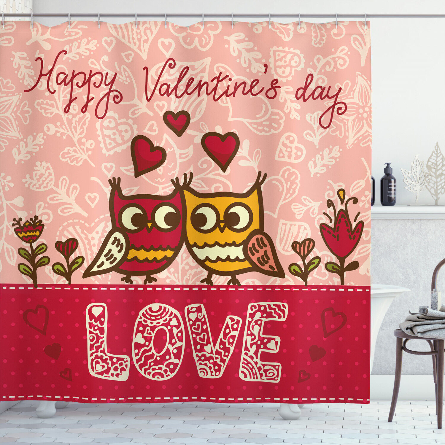 Owls Love Heart Print Valentine's Day Shower Curtain for Bathroom Decor