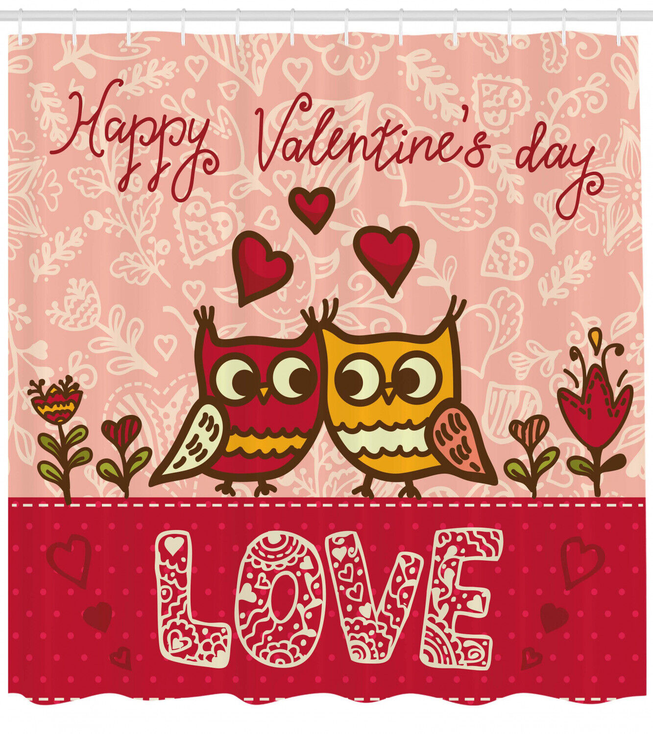Owls Love Heart Print Valentine's Day Shower Curtain for Bathroom Decor
