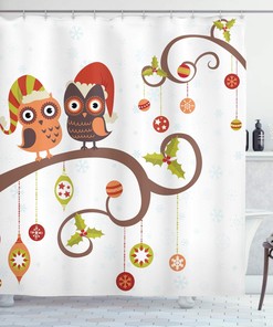 Owls On Celebrating Twiggy Tree Branches Annual Yule Noel Christmas Themed Print Shower Curtain