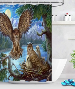 Owls Shower Curtain Owl Family On Tree Branches Night Time Jungle Wildlife Nature Mountain Durable Fabric Bath Curtain