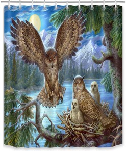 Owls Shower Curtain Owl Family On Tree Branches Night Time Jungle Wildlife Nature Mountain Durable Fabric Bath Curtain