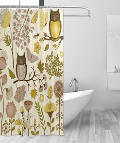 Owls and Flowers Print Waterproof Fabric Shower Curtain for Bathroom Decor