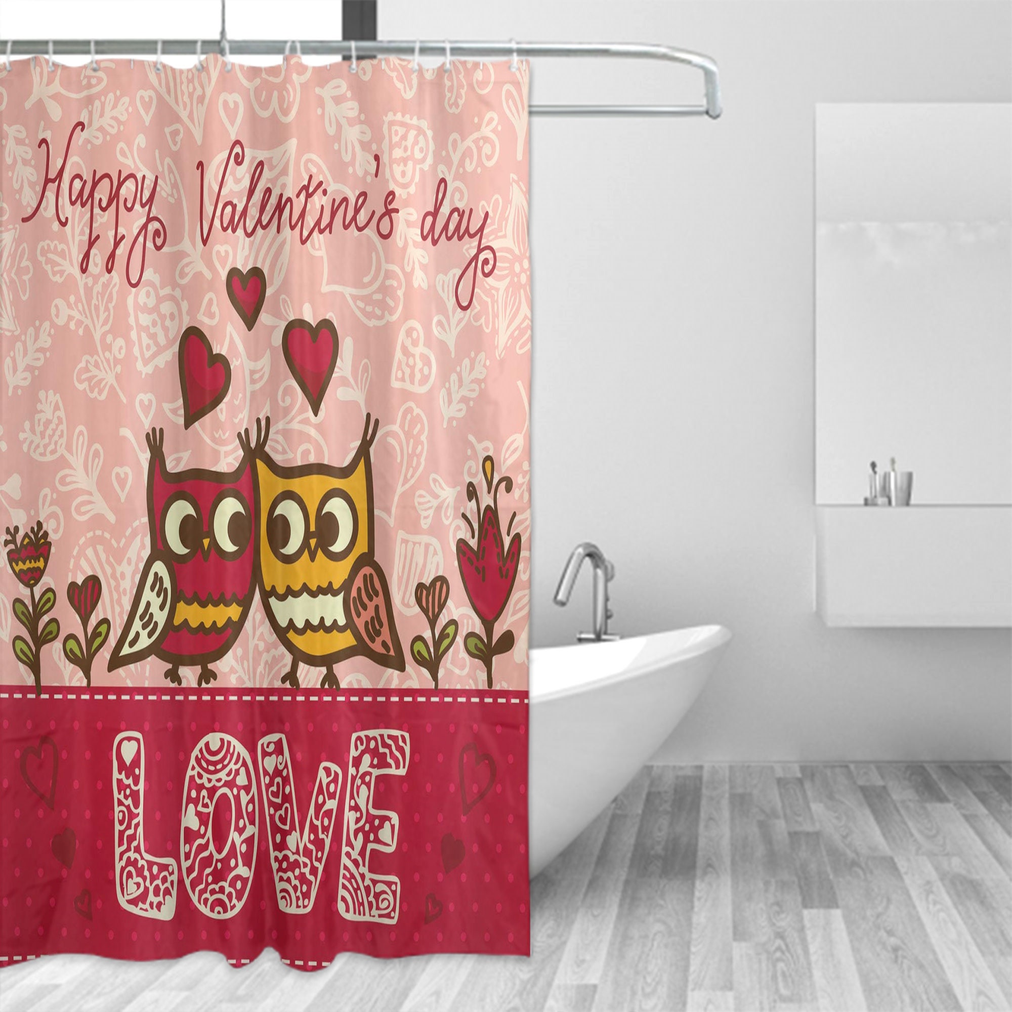 Owls in Love Print Valentine's Day Shower Curtain for Bathroom Decor