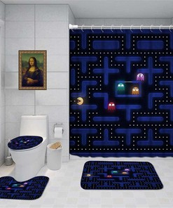 Pac-Man Game Theme Waterproof Shower Curtain And Toilet Mat Lid Accessories Print Kids Bathroom Shower Curtain