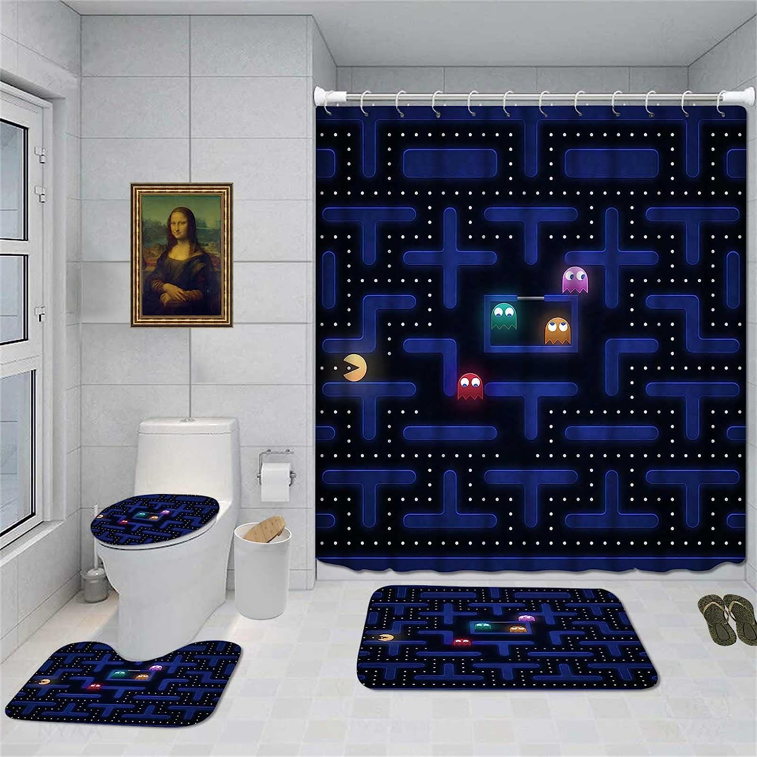 Pac-Man Game Theme Waterproof Shower Curtain And Toilet Mat Lid Accessories Print Kids Bathroom Shower Curtain
