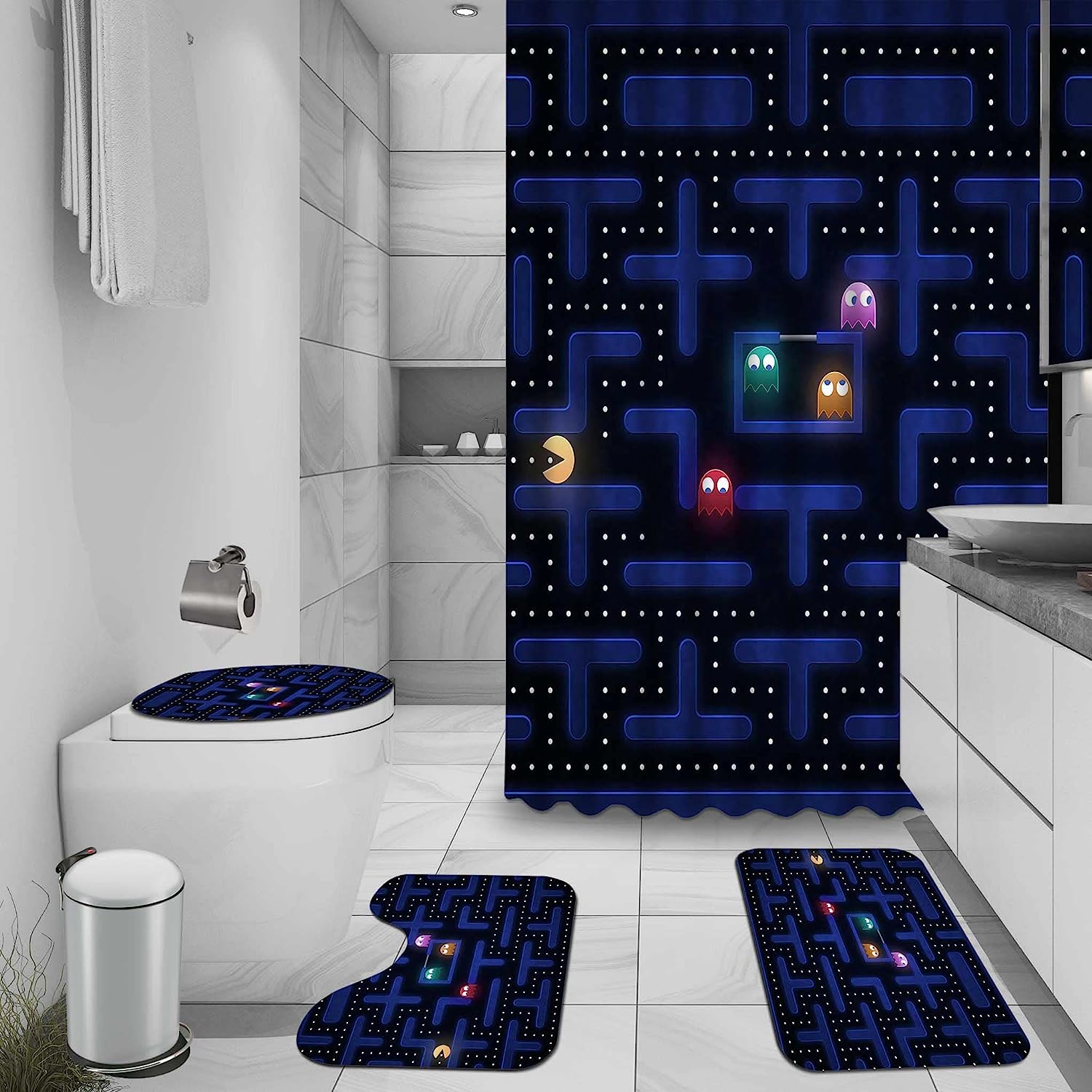 Pac-Man Game Theme Waterproof Shower Curtain And Toilet Mat Lid Accessories Print Kids Bathroom Shower Curtain - Image 2