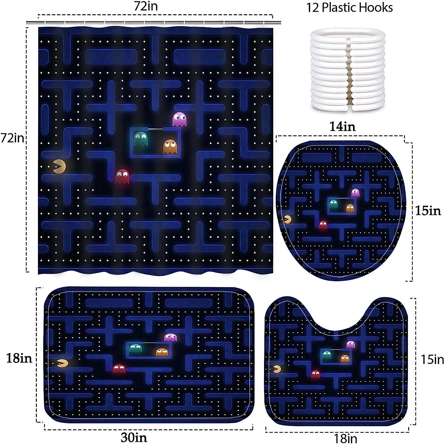 Pac-Man Game Theme Waterproof Shower Curtain And Toilet Mat Lid Accessories Print Kids Bathroom Shower Curtain - Image 3