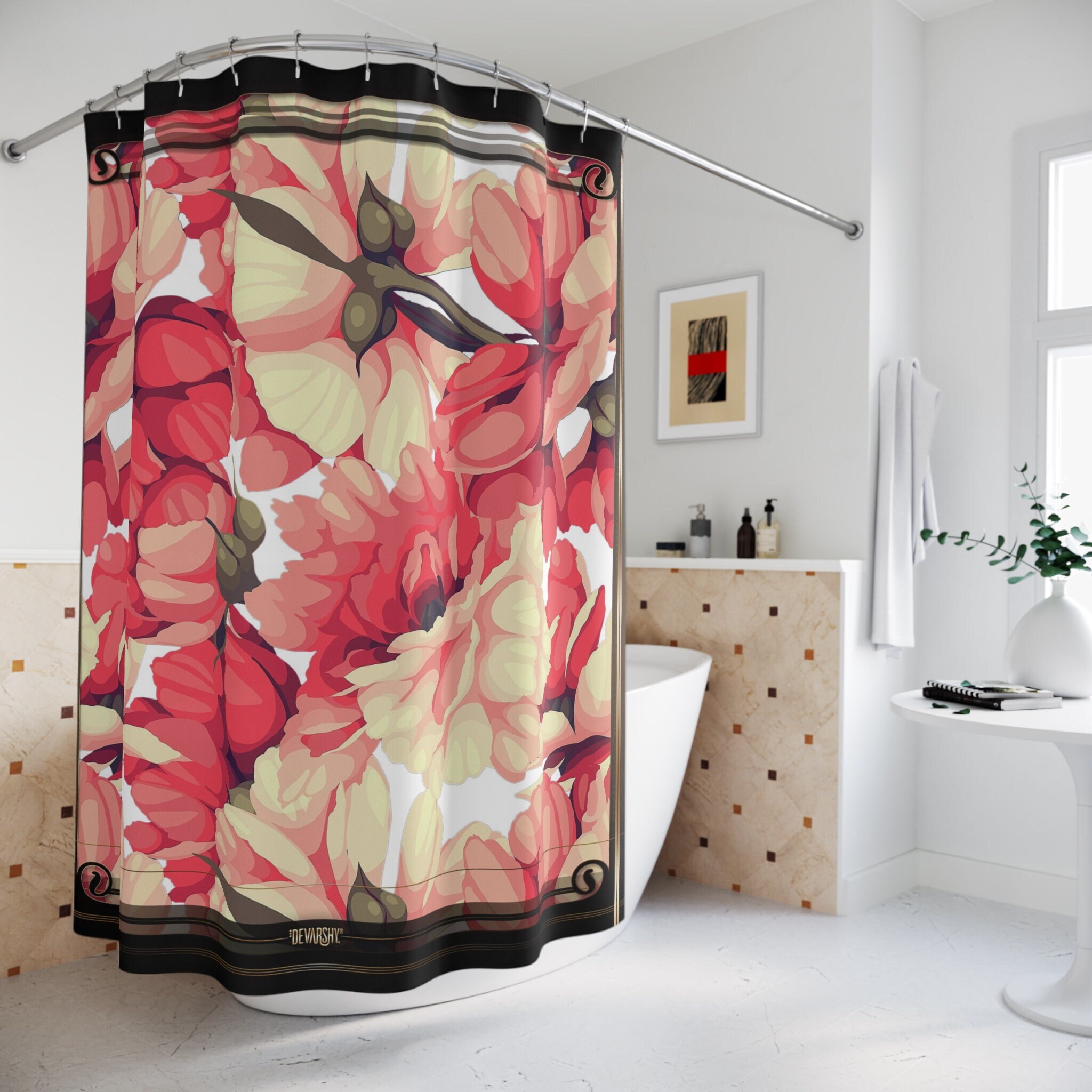 Painted Floral Shower Curtain with Elegant Design - Chic Bathroom Decor