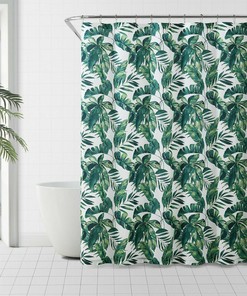 Painterly Green and White Palm Leaves Shower Curtain with Vintage Design, for Bathroom Decor