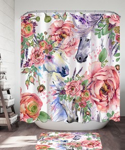 Painting Of Flowers And Horses Shower Curtain For Beautiful Bathroom Decor