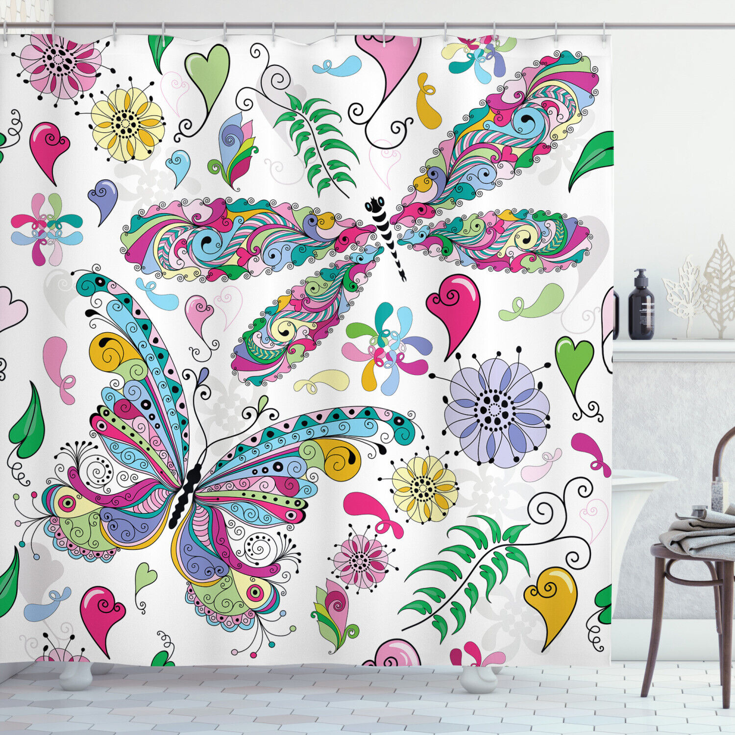 Paisley Dragonfly Butterfly Print Shower Curtain - Bohemian Bathroom Decor
