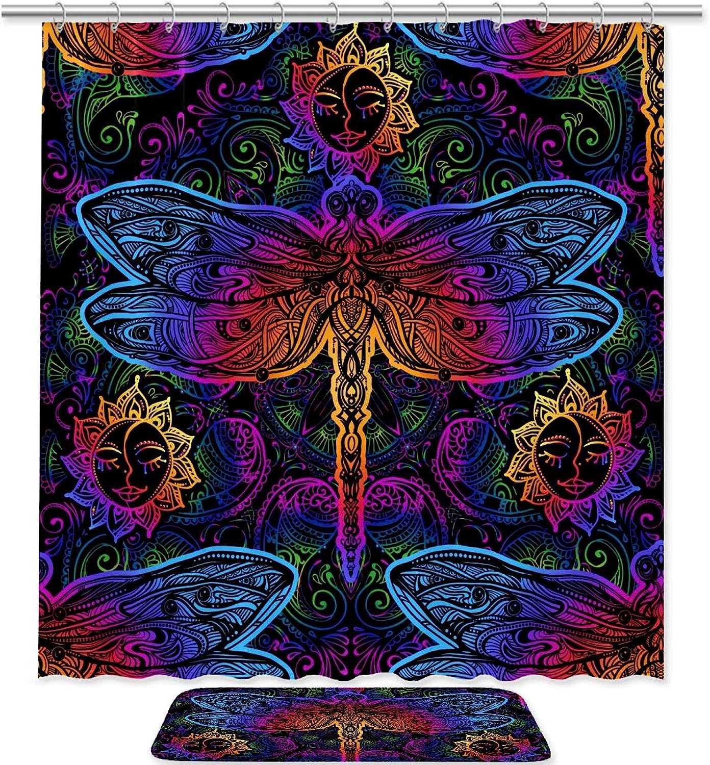 Paisley Dragonfly Sun Mandalas Shower Curtain for Boho Bathroom Decor