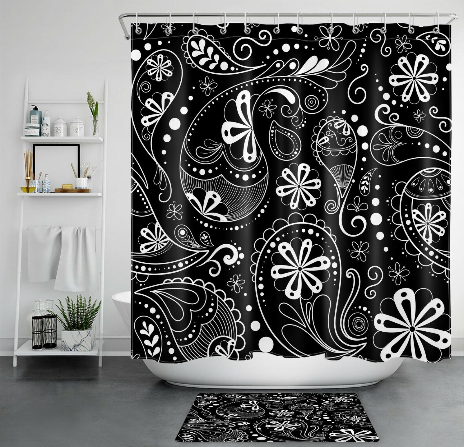 Paisley Floral Shower Curtain - Black Bathroom Decor With Boho And Vintage Style