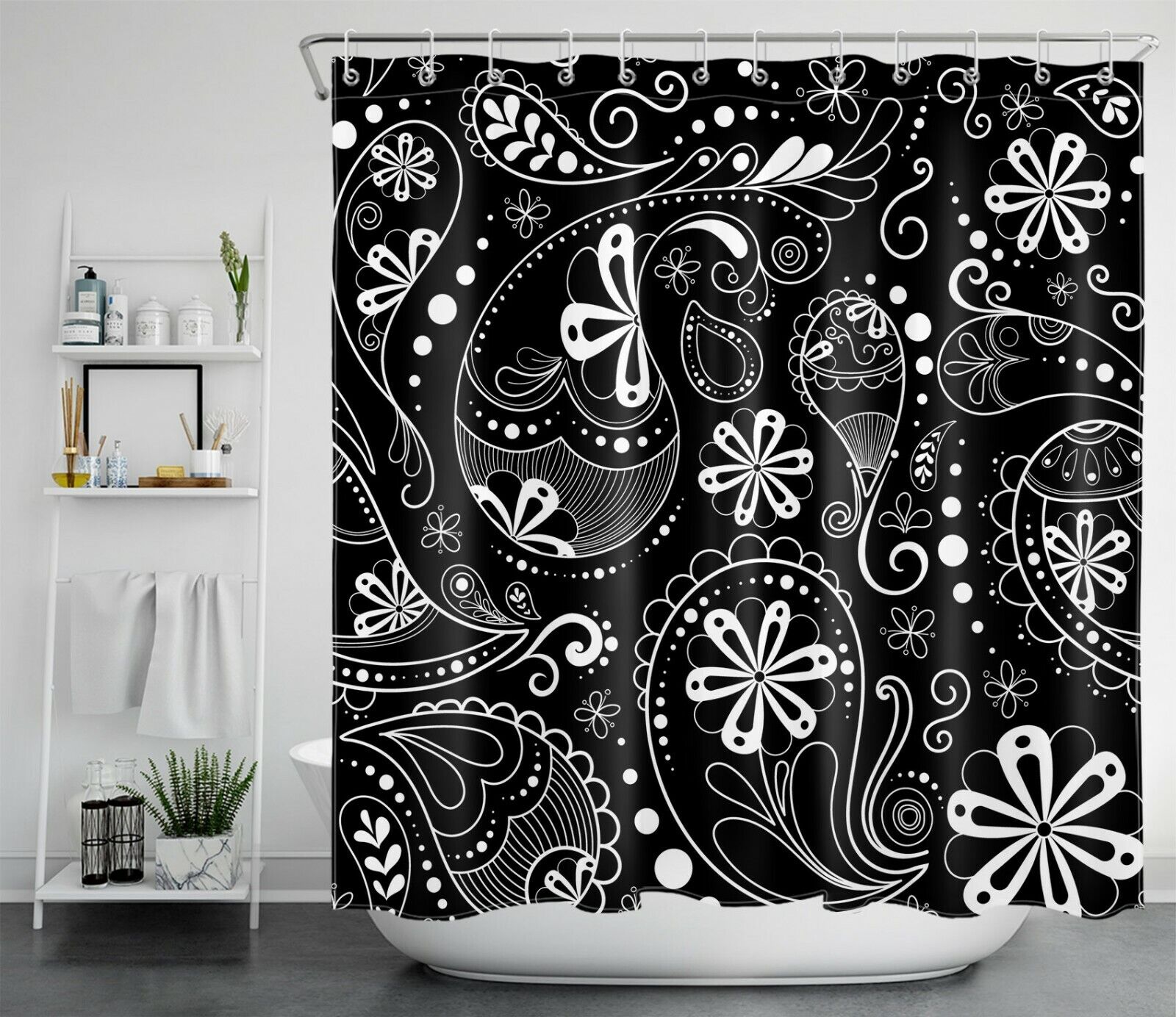Paisley Floral Shower Curtain - Black Bathroom Decor With Boho And Vintage Style - Image 2