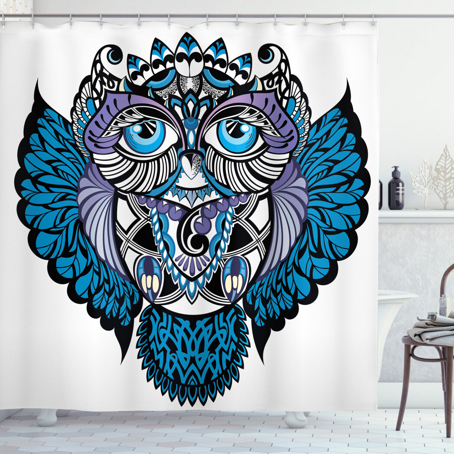 Paisley Owl Animal Tattoo Print Shower Curtain - Retro Bathroom Decor
