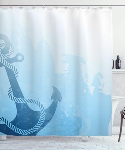 Pale Blue Monochrome Anchor Illustration Shower Curtain With Deep Down In The Sea Bottom Be Strong And Stable