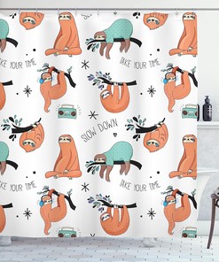 Pale Blue Orange Black Sloths Hand Drawn Branches Laziness Mood Words Fun Shower Curtain