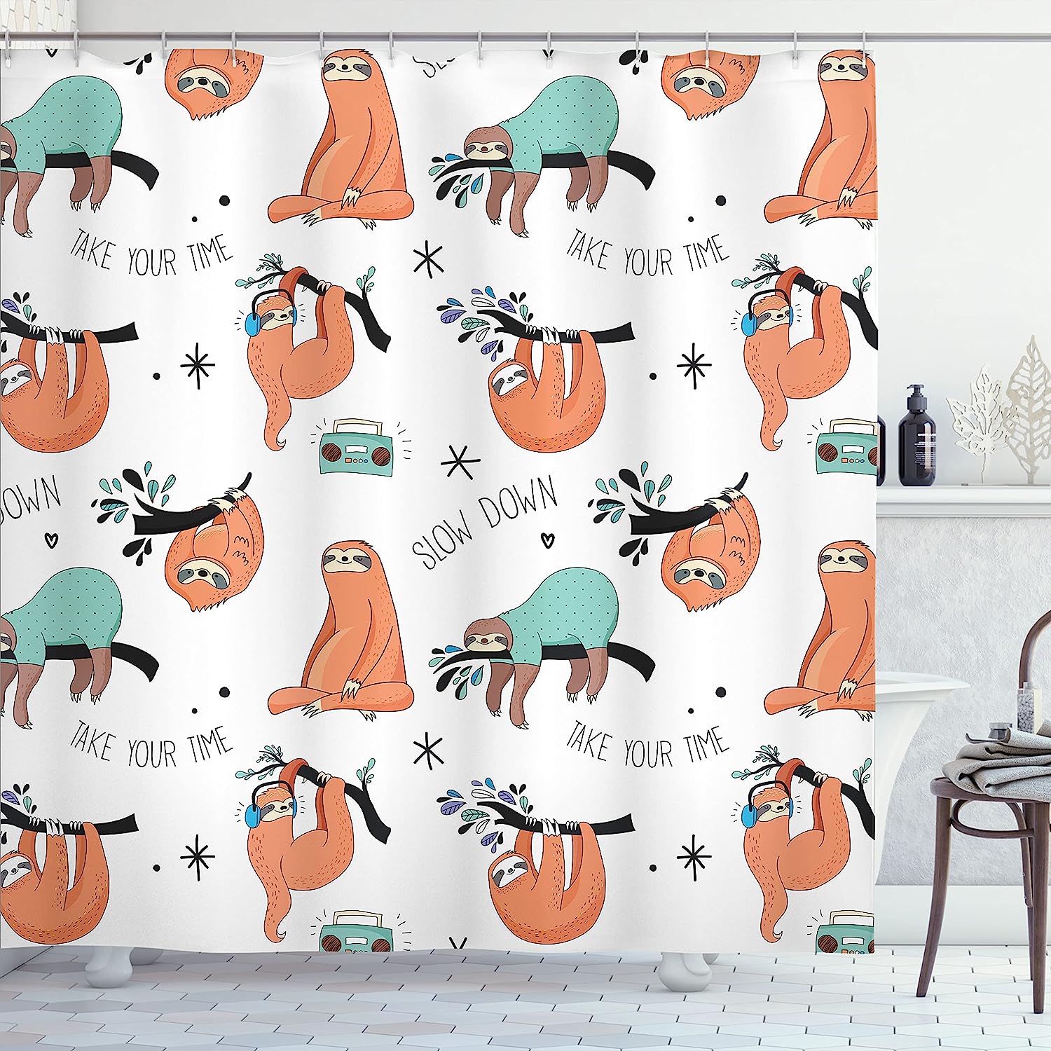 Pale Blue Orange Black Sloths Hand Drawn Branches Laziness Mood Words Fun Shower Curtain