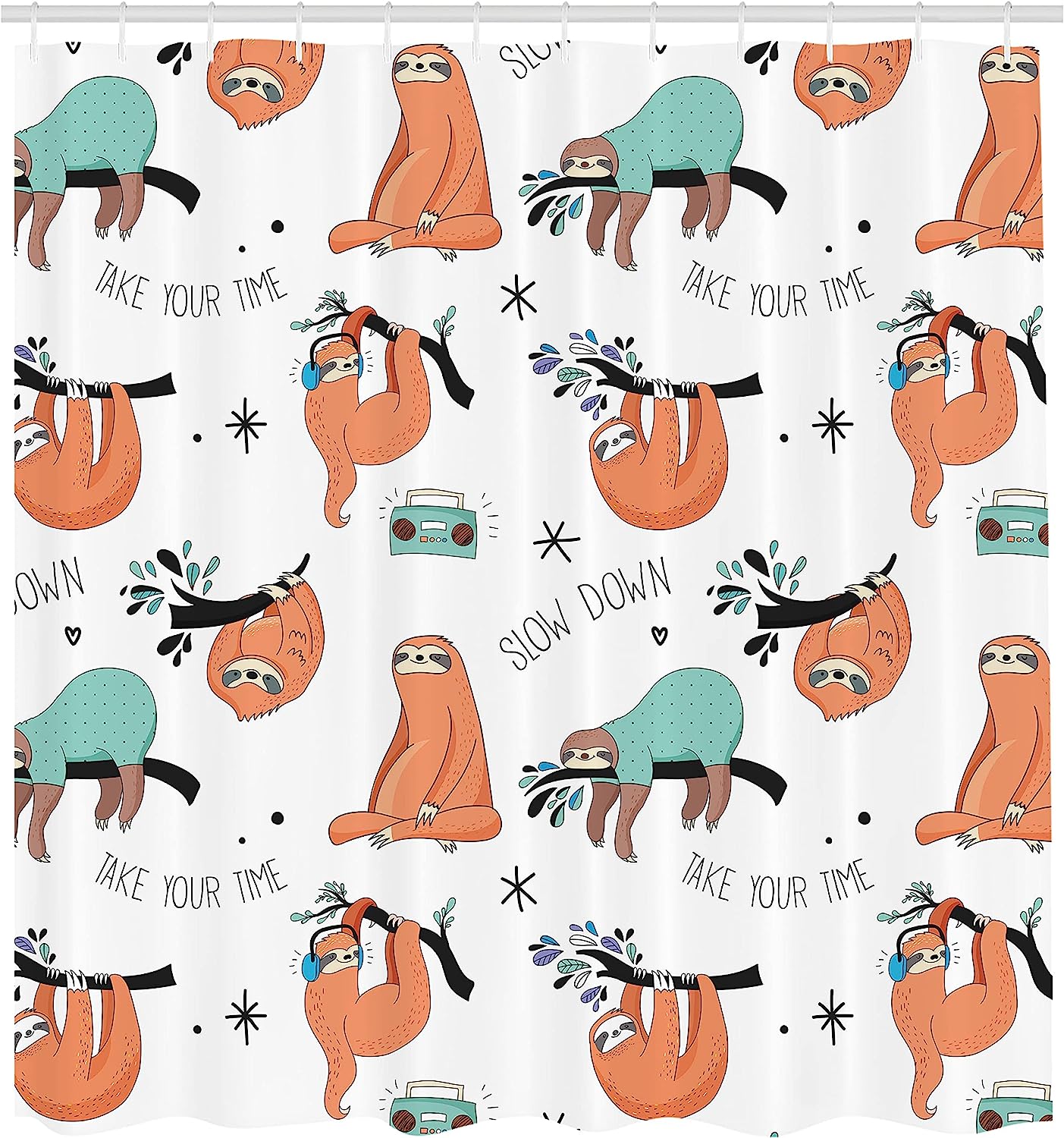 Pale Blue Orange Black Sloths Hand Drawn Branches Laziness Mood Words Fun Shower Curtain - Image 2