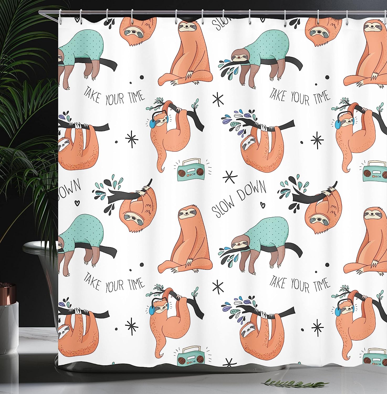 Pale Blue Orange Black Sloths Hand Drawn Branches Laziness Mood Words Fun Shower Curtain - Image 3