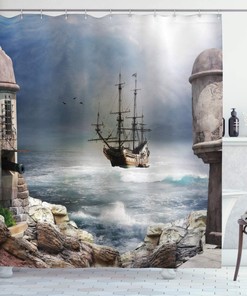 Pale Muave Beige Pirate Ship Sailboat Shower Curtain For Bathroom