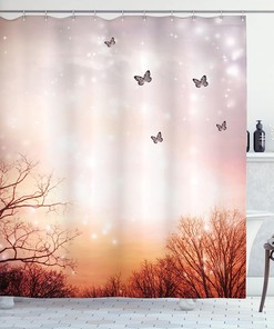 Pale Pink Orange Dreamy Butterflies Over Trees Romantic Fantasy Blurry Sky Design Shower Curtain