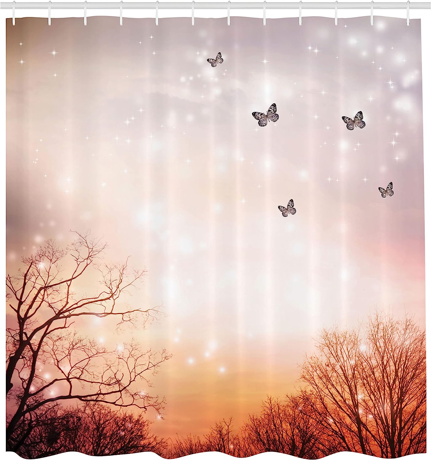 Pale Pink Orange Dreamy Butterflies Over Trees Romantic Fantasy Blurry Sky Design Shower Curtain - Image 2