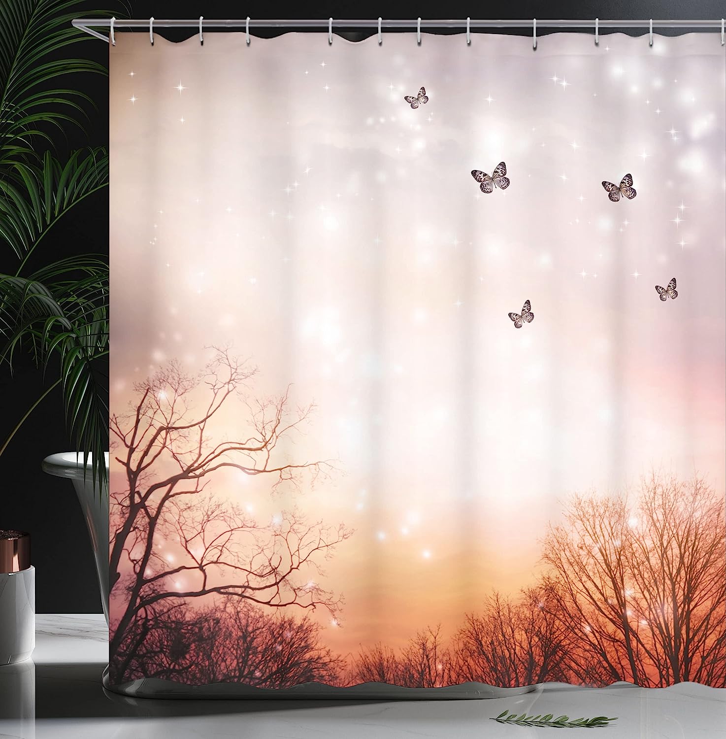 Pale Pink Orange Dreamy Butterflies Over Trees Romantic Fantasy Blurry Sky Design Shower Curtain - Image 3