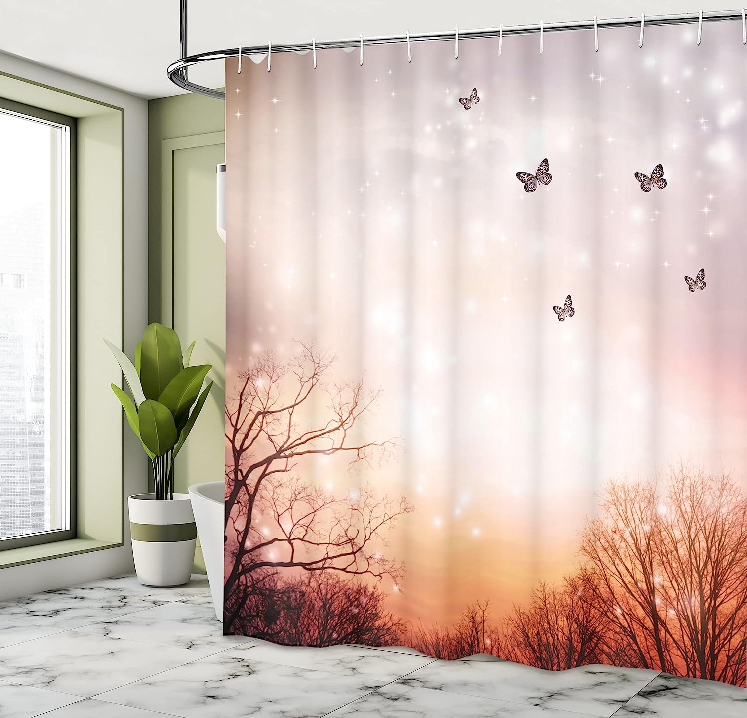 Pale Pink Orange Dreamy Butterflies Over Trees Romantic Fantasy Blurry Sky Design Shower Curtain - Image 4