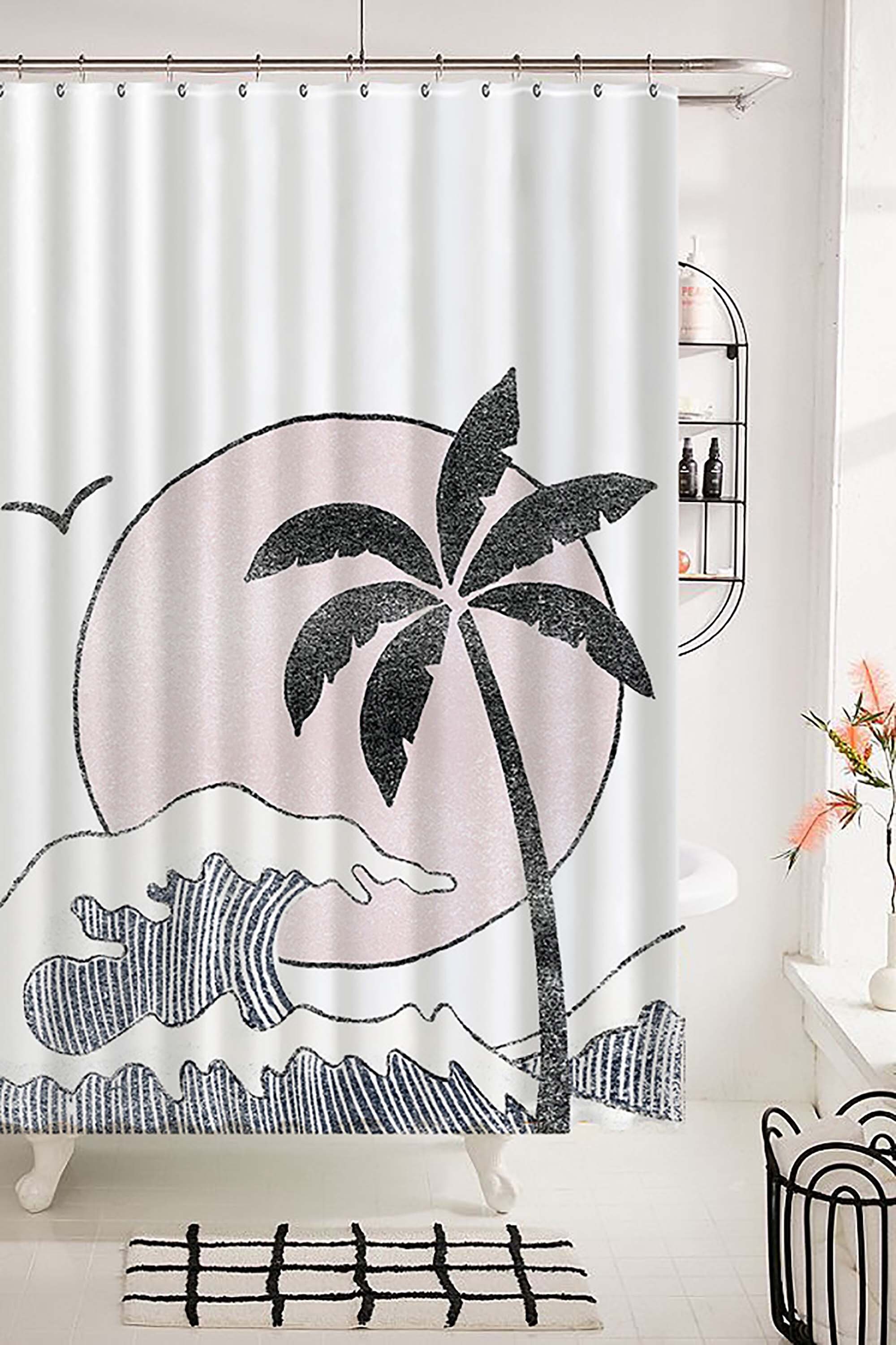 Palm Coconut Tree And Sea Waves Beach Shower Curtain For A Tranquil Home Spa