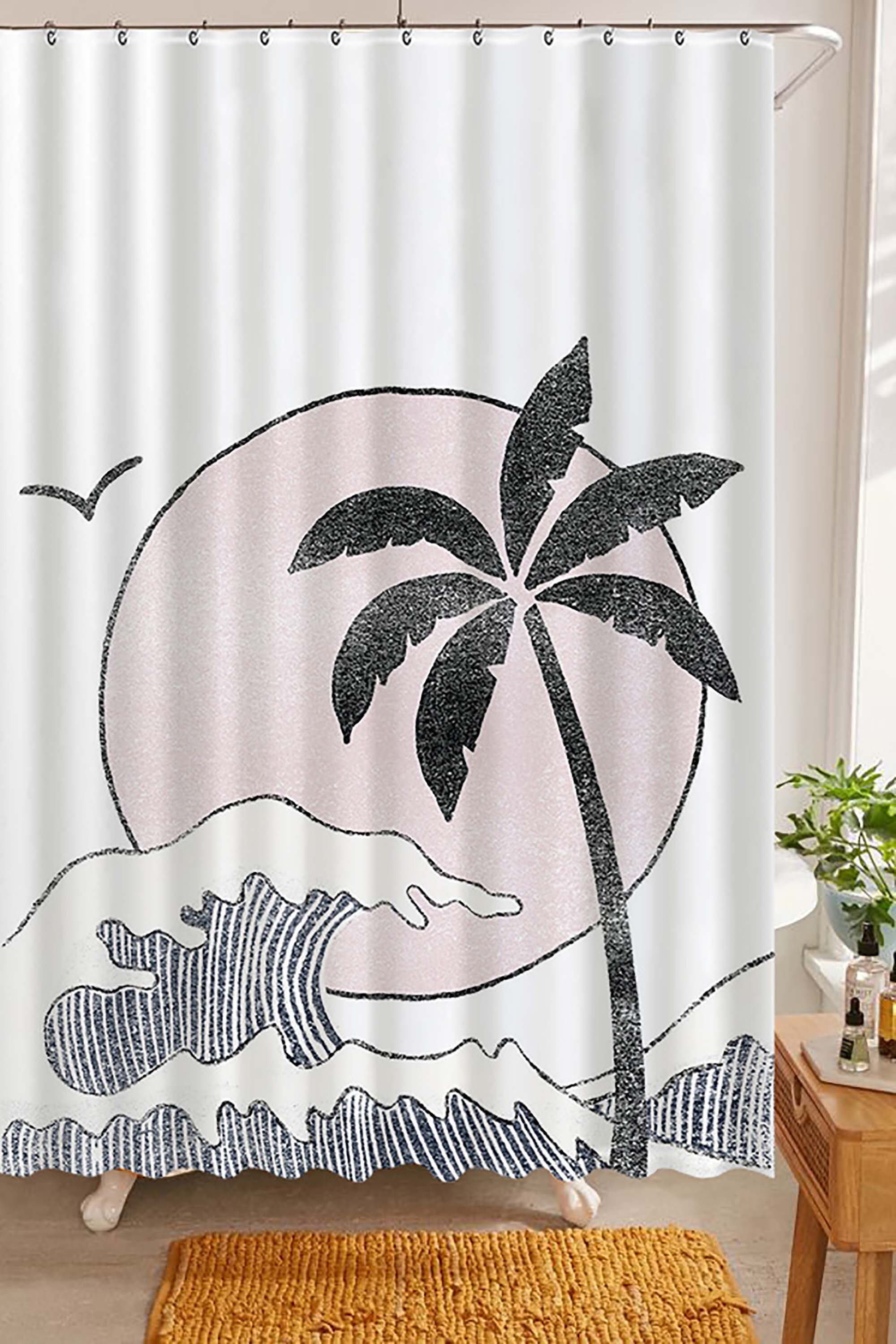 Palm Coconut Tree And Sea Waves Beach Shower Curtain For A Tranquil Home Spa - Image 2
