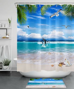 Palm Dolphin and Seagull Ocean Beach Shower Curtain with Tropical Design, for Bathroom Decor 