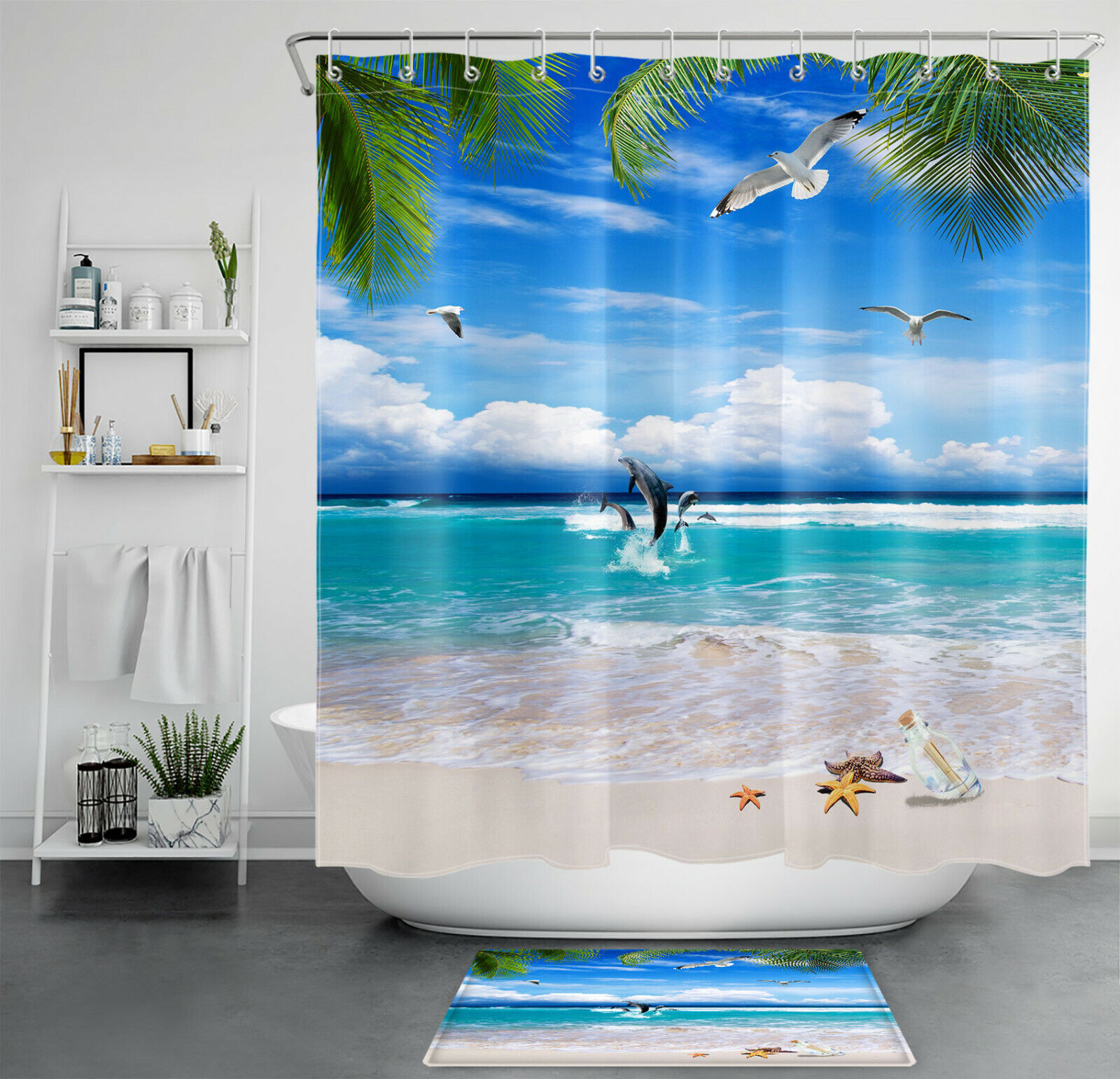 Palm Dolphin and Seagull Ocean Beach Shower Curtain with Tropical Design, for Bathroom Decor