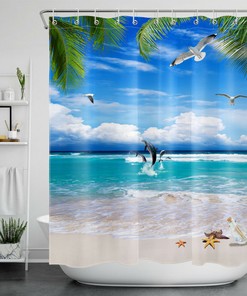 Palm Dolphin and Seagull Ocean Beach Shower Curtain with Tropical Design, for Bathroom Decor