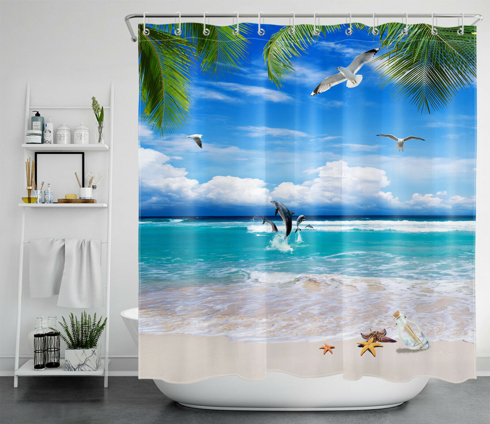 Palm Dolphin and Seagull Ocean Beach Shower Curtain with Tropical Design, for Bathroom Decor