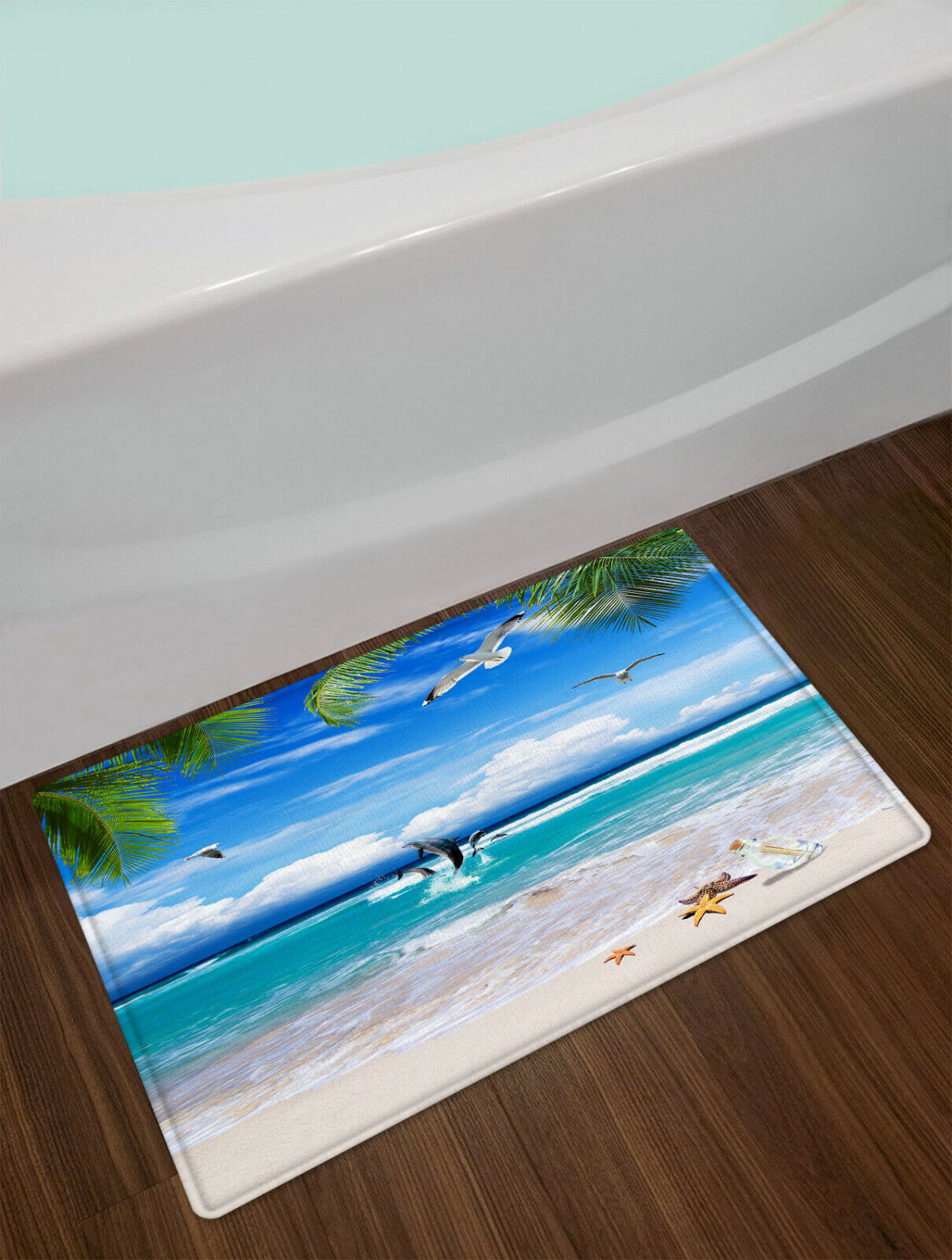 Palm Dolphin and Seagull Ocean Beach Shower Curtain with Tropical Design, for Bathroom Decor