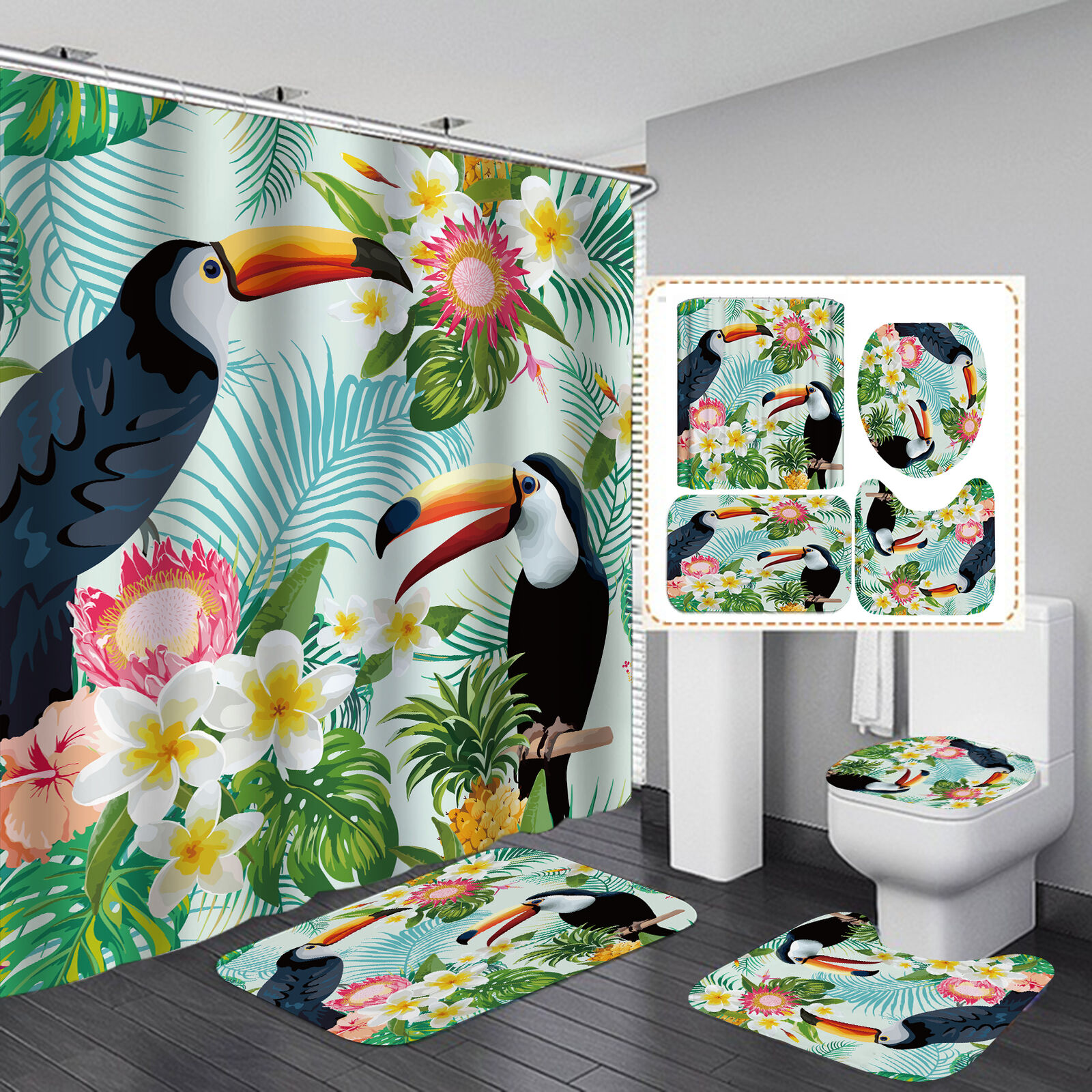 Palm Leaf And Toucan Flower Shower Curtain, Exotic Art For Tropical Bathroom Decor
