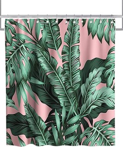 Palm Leaf Banana Vintage Shower Curtain Ideas Waterproof Washable Green Pink