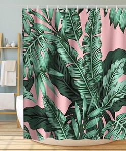 Palm Leaf Banana Vintage Shower Curtain Ideas Waterproof Washable Green Pink