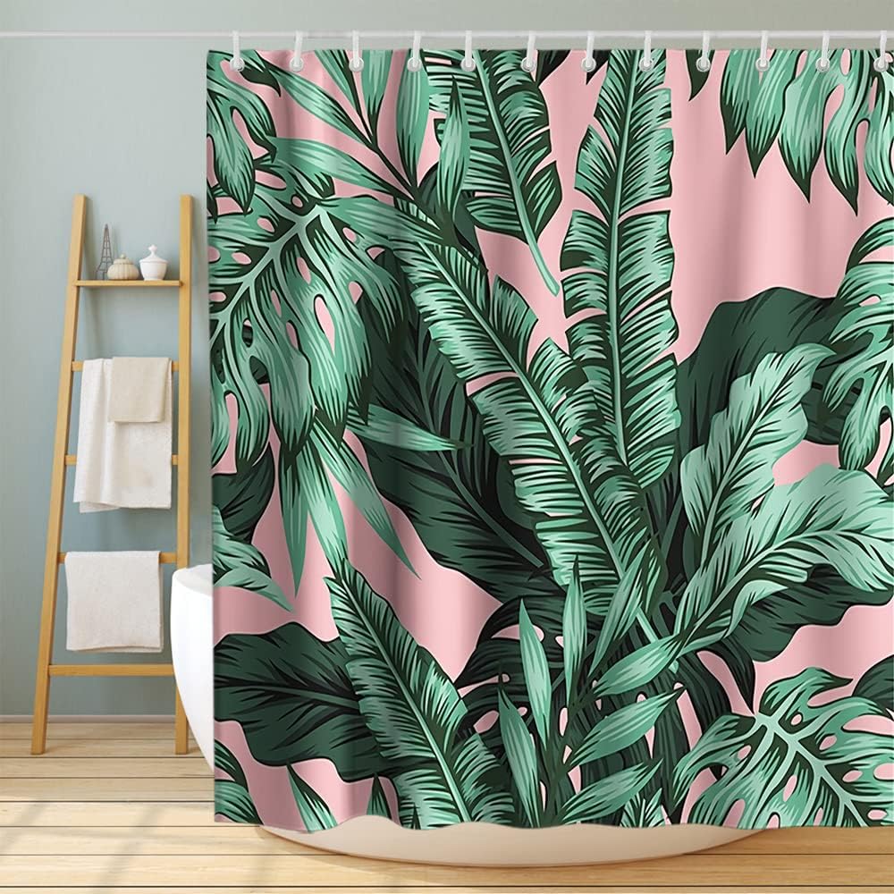 Palm Leaf Banana Vintage Shower Curtain Ideas Waterproof Washable Green Pink