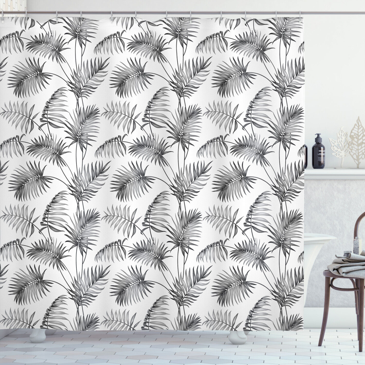Palm Leaf Botanic Island Print Shower Curtain for a Beachy and Tropical Bathroom Decor