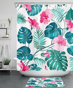 Palm Leaf Hibiscus Flower Hawaiian Tropical Leaves Shower Curtain