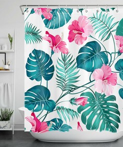 Palm Leaf Hibiscus Flower Hawaiian Tropical Leaves Shower Curtain