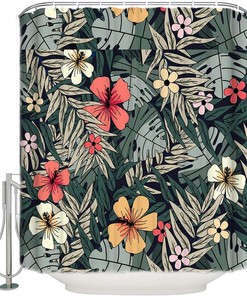Palm Leaf Illustrations Waterproof Fabric Shower Curtain For Bathroom