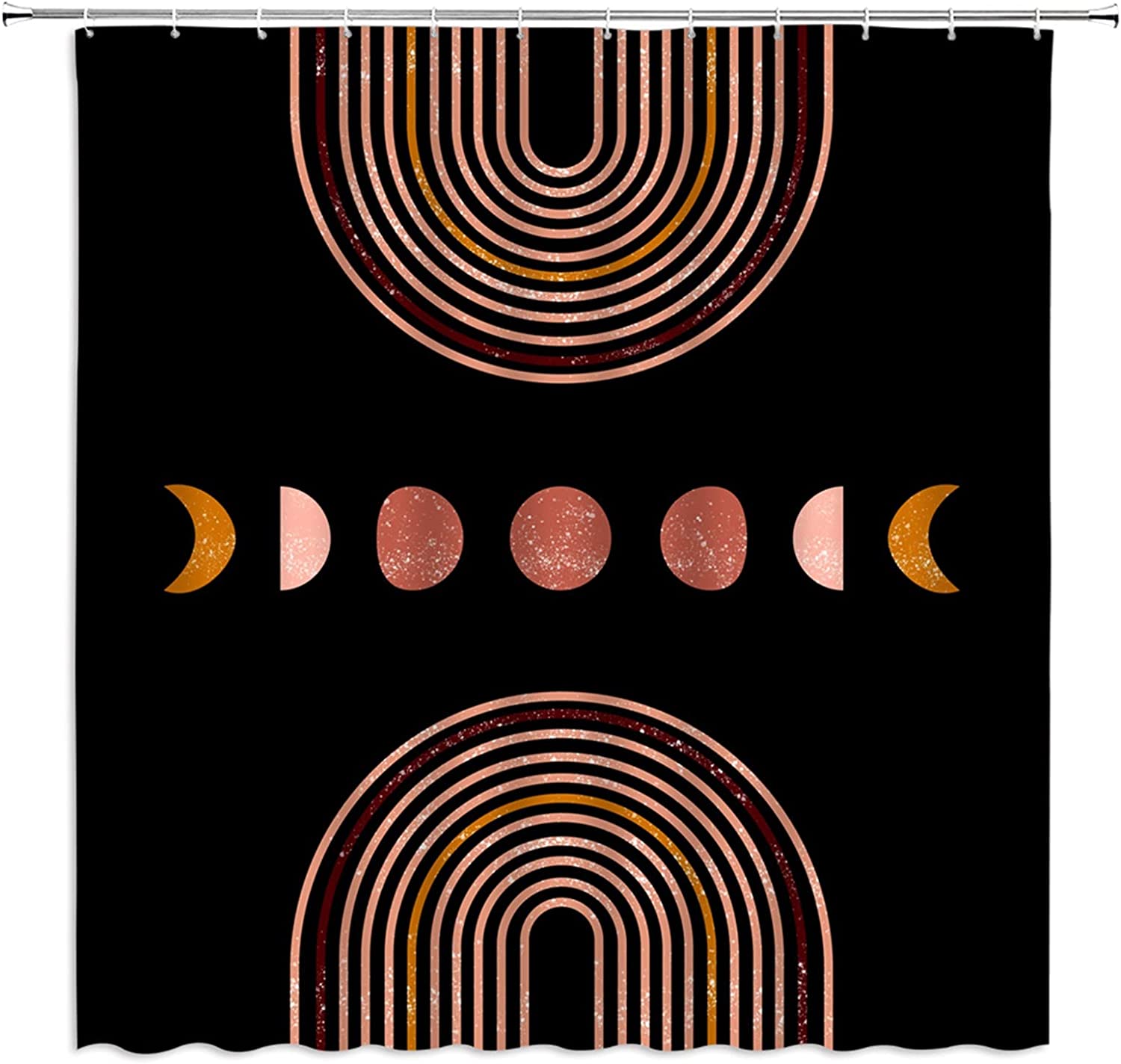 Palm Leaf Mid Century Boho Shower Curtain with Abstract Geometric Art Bathroom Accessories Design