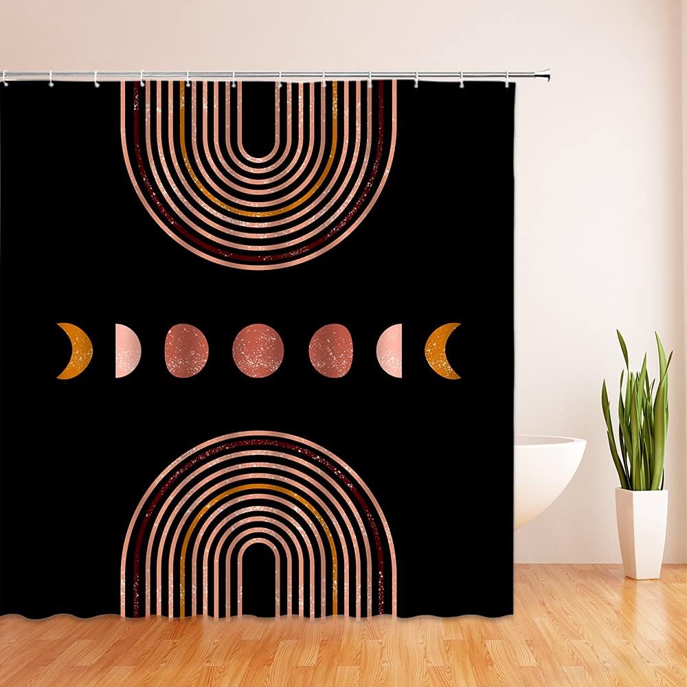 Palm Leaf Mid Century Boho Shower Curtain with Abstract Geometric Art Bathroom Accessories Design