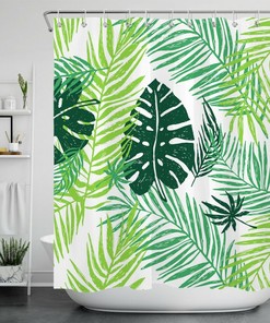 Palm Leaf Print Shower Curtain for Tropical Bathroom Decor - White Background